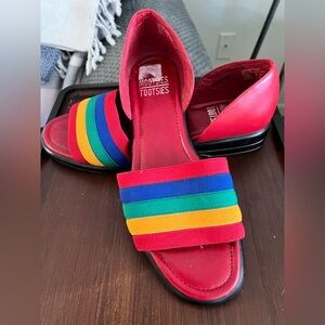 Vintage Mootsie Tootsie sz 9 women’s red flat slide sandals rainbow toe strap.